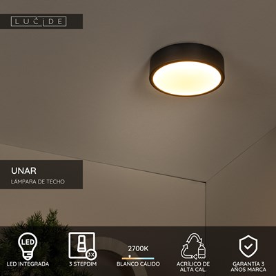 Lucide UNAR - Lámpara de techo - Ø 20 cm - LED 3 StepDim - 1x12W 2700K - Negro